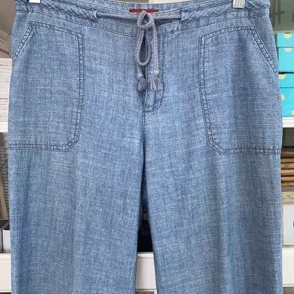 Blue Chambray Straight Leg Drawstring Capri Relaxed Fit Bohemian Pockets Pants - Picture 9 of 16